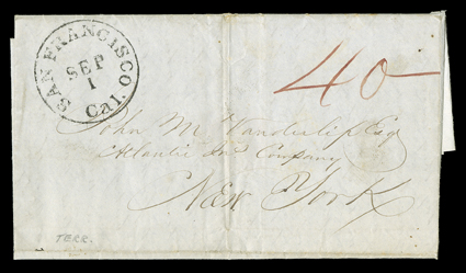 [The Hounds and Gold Rush Justice in 1849] San Francisco, Cal.Sep  territorial period datestamp and manuscript 40 rate on folded letter with integral address leaf to New York
that was datelined at Stockton Augt 21st 1849 - on the San Joa