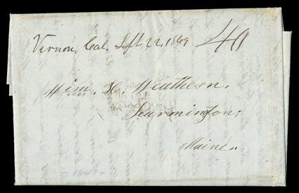 Vernon Cal. Sept 22, 1849, manuscript postmark and 40 rate on folded letter with integral address leaf to Farmington, Maine, extremely fine.Moses B. Reed, a Forty-Niner, writes
to his nephew giving a detailed report of his overland journey from