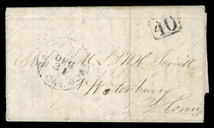 Sacramento River Steamer Senator Dec. 21, 1849 25 miles from San Francisco 2 O.C. P.M. dateline on folded letter with integral address leaf to Waterbury, Ct., entered the mails
with San Francisco, Cal.Dec 31 datestamp and matching boxed 40 r
