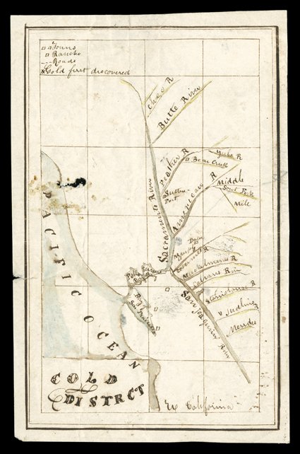 [Gold District] hand-drawn and colored period map of the California Gold District with Gold first discovered location noted, 3 by 4¾, drawn by fourty-niner A.T. Mitchel, small
hole, fine.