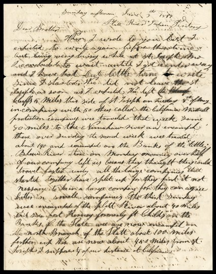 [Forty-niners] Excellent pair of autograph letters from along the overland route to California in 1849. George Mower writes his brother from the Platte River in the Indian
Territory,We left the bluffs 5 miles this side of St. Joseph (MO) on Tu