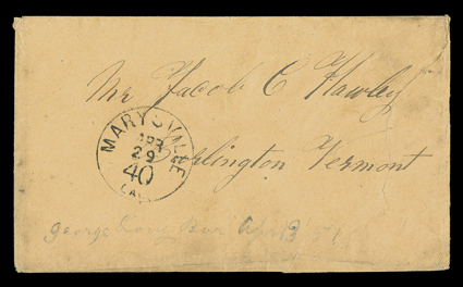 [California Argonaut Correspondence] Four letters written by a forty-niner while en route from Burlington, Vermont to Marysville, California via Cape Horn, first dated Oct 14
1849, On board Ship Harriet Rockwell, Lat 20 47 North, Long 26 42 We