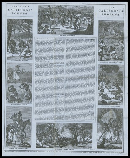 Hutchings California Scenes - The California Indians, (Baird 105) James M. Hutchings, 1854, Sun Print, with separate publishers noted in the various blocks illustrated. Twelve
known. Some soiling at folds, but an especially sharp and dark impre