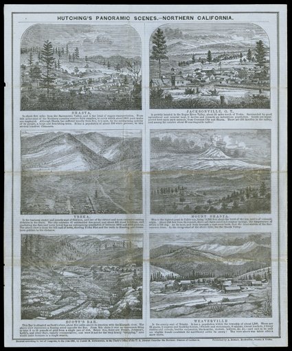 Hutchings Panoramic Scenes - Northern California, (Baird 110) James M. Hutchings, 1855, with separate publisher identifications in vignette blocks. Published by A. Roman,
bookseller, Shasta & Yreka. Two others known on this (blue laid) paper t