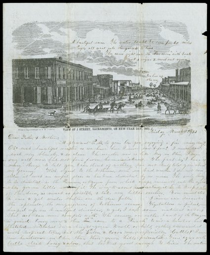 View of J Street, Sacramento, on New-Year Day, 1853, (Baird 117) illustrated letter sheet From a Daguerreotype by R.H. Vance. Published at the Union Office, showing men and
women in rowboats, some pulled by animals, in the flooded street., w