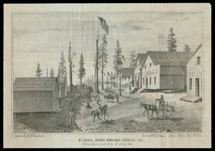 St. Louis, Sears Diggings, Sierra Co. Cal., (Baird 228) Handsome half length mining camp view illustrated lettersheet published by Everts, Snell & Co. showing their offices in
the scene, long November 13th 1853 letter, some aging and reinforced