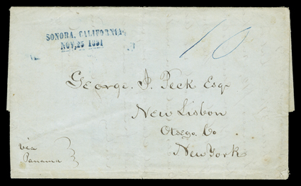 [Vigilance Committee, Sonora] Sonora, California, Nov, 25 1851 well struck blue two-line straightline postmark on folded letter with integral address leaf to New Lisbon, N.Y.,
manuscript 10 rate and endorsed Via Panama, extremely fine.Interes