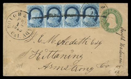 Rough & Ready Cal.Feb 17, 1852, datestamp struck twice tying horizontal strip of four 1c Blue, Ty. IV (9), mostly large margins to in at lower left, to 6c Green on buff entire
(U14) to Kittaning, Pa., also a folded letter with integral address