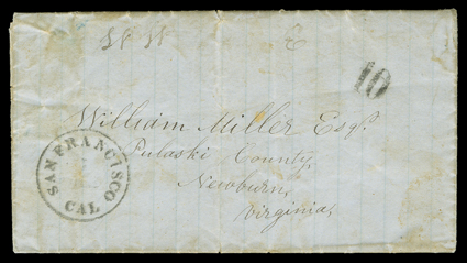 [Cattle and Gold on the Oregon Trail] folded letter with integral address leaf datelined Petaluma, Sonoma County, California, Apri 15, 1852, entered the mails to Newburn,
Virginia with San Francisco, Cal datestamp and matching 10 rate, mino