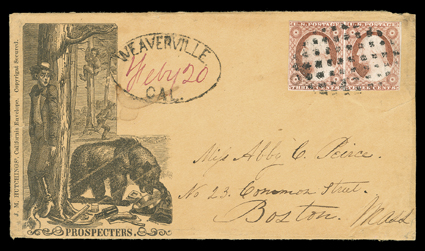 Prospecters, comic miners illustrated cover published by J.M. Hutchings used to Boston, Mass. with horizontal pair 3c Dull red (11), large margins to just touching, tied by
waffle grid, matching oval Weaverville, Cal. postmark with manuscrip