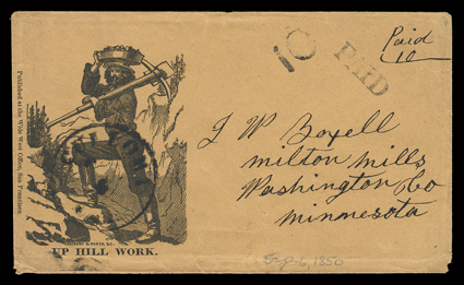Up Hill Work, handsome miners illustrated cover published at the Wide West Office, San Francisco, with Culloma, Cal. datestamp and matching Paid and 10 handstamp to Milton
Mills, Minnesota, fresh and very fine.