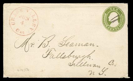 [Vigilance Committee, Yankee Sullivan] Grass Valley, Cal.Jun 4 (1856) red datestamp on 10c Green entire (U17) cancelled by pen strokes to Fallsburgh, N.Y. with original letter
talking about Yankee Sullivan and vigilantism in California, very fi
