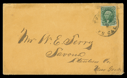 [Vigilance Committee, James King of William] San Francisco, Cal., Jun 5 (1856) datestamp ties 10c Green, Ty. III (15), clear to large margins, to orange cover to Savona, N.Y.
with FromNoisy CarriersMail77 Long Wharf S.F. Cal handstamp on r