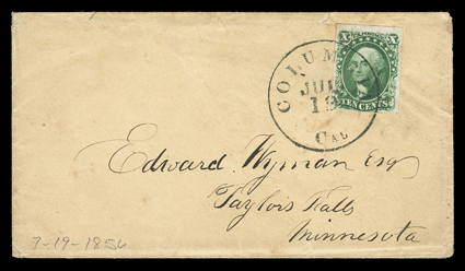 Columbia, Cal., July 19 (1856), clear datestamp tying 10c Green, Ty. III (15), clear to mostly large margins all around, to cover to Taylors Falls, Minnesota with original
letter from a gold miner, very fine.