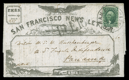 San Francisco News Letter, P.M.S.S., Golden Age, June 20, 1857 printed directive on stunning all over steamship and train illustrated design of San Francisco News Letter to
Panama with 10c Green, Ty. III (15, corner nick), large margin to touchi