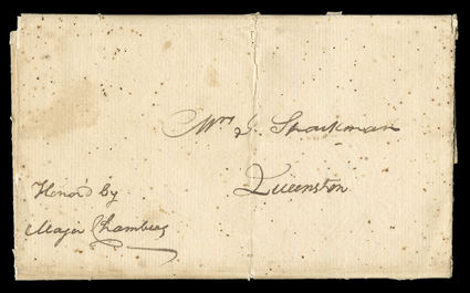 [The Battle of Fort Meigs] Descriptive folded letter carried by Major Chambers to the senders wife, Mrs. Sparkman in Queenstown, Canada, age spotting and splits along the folds,
fine.Under the dateline Amherstburgh 17th May 1813 Jon Sparkman d