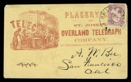 Placerville and St. Joseph Overland Telegraph Company, red on buff telegraph office illustrated design cover with 3c Rose (65, corner creases) tied by Placerville, Cal.Jun 30
datestamp, very fine ex-Jessup.Frederick A. Bee established th