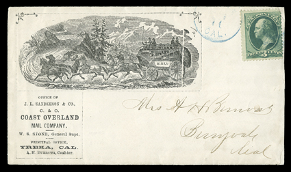 California and Oregon Coast Overland Mail Co. J. L. Sanderson & Co. corner card cover with handsome six-horse stage coach through the mountains design to Berryvale, California
with 3c Green (158) tied by blue California town cancel, slightly red