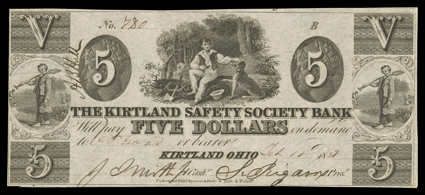 [Mormon Issued $5.00 Kirtland Banknote] Issued without having a charter granted by the State of Ohio, the Kirtland Safety Society Bank was established by the burgeoning Mormon
population in and around Kirtland in 1836. Ohio would reject two separ