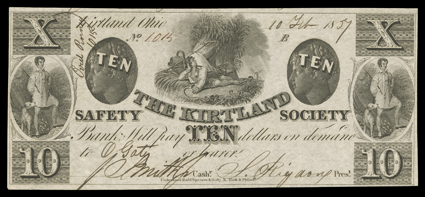 [Mormon issued $10.00 Kirtland Banknote] This Kirtland Ten is a beautifully engraved and gorgeous gem of a note, perfectly centered with available margins on all sides. Issued
in February 1837 without a state charter issued by Ohio, this “bank” w