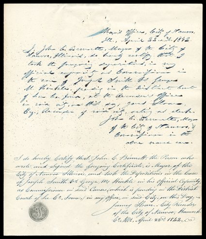 [Missouri Mormon War, Smith v Hinkle] Outstanding group of 24 documents signed by lawyers and deponents in the case of Joseph Smith v. George M. Hinkle, 1841-42, in consequence
of events during the Mormon War in Missouri, 1838, when Hinkle helped
