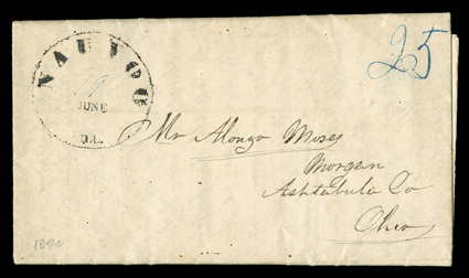 [Commerce (Nauvoo), Illinois], A lengthy content letter by James Moses from Commerce, Ill., which was about to become Nauvoo, May 31, 1840. Address panel of integral sheet
bears a Type I Nauvoo postmark for June, with the day 19 added by hand