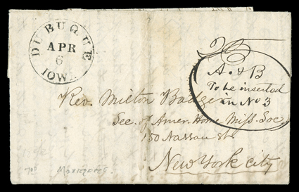 [The Destructive influence of Mormonism], Nauvoo. Interesting content pair of letters by Presbyterian missionaries in Iowa to Rev. Milton Badger, the secretary of the American
Home Missionary Society, in New York. The first, from Dubuque, Iowa