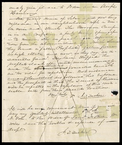 [The Death of Joseph Smith] An exciting content letter just days before Smiths murder, written to Rev. M. Badger of the American Home Missionary Society in New York by Rev.
J.T. Tucker of Hannibal, MO, June 20, 1844. While he labors on despite p