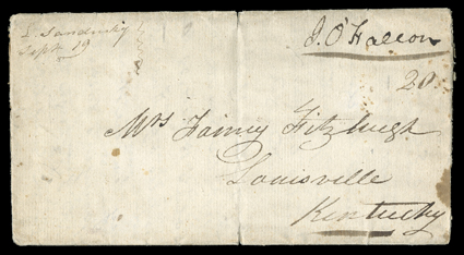 [Battle of Lake Erie] folded letter with integral address leaf datelined Mouth of Portage River, 18th Sept. 1813 (eight days after the battle) with manuscript SanduskySep 19
(Ohio) postmark and 20 rate to Louisville, Kentucky, very fine.Th