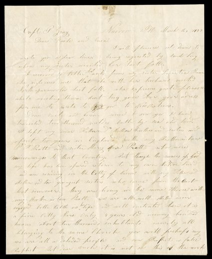 [Olive Frost, plural wife of Joseph Smith and Brigham Young], You will perhaps say that our prophet is a false prophet...It is not so. This is the work of God.Exceptional
content Autograph Letter Signed Olive G. Frost, 3 pages, 4to, Nauvoo, I