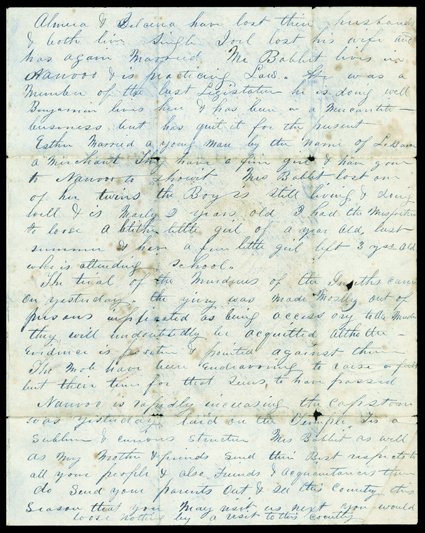 [Death of Joseph Smith], Interesting content letter by J.E. Johnson of Macedonia, Illinois, May 25, 1845. To friends in Freedonia, NY, he pens, The trial of the Murderers of
the Smiths came on yesterday. The jury was made Mostly out of persons