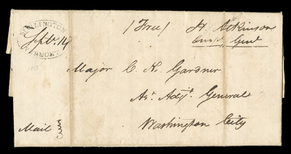 [The Invasion of Canada from Vermont] Camp near Burlington, Septem. 13, 1813 dateline on folded letter with integral address leaf from Colonel H. Atkinson to Major C.K. Gardiner
at Washington, D.C., oval Burlington, Vermont postmark with manu