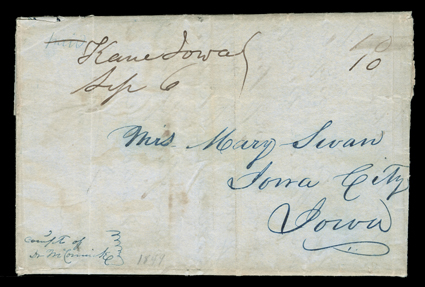 [Babbits Mormon Mails, 1849], folded letter with integral address leaf to Iowa City, Iowa datelined Orrigan Pacific Springs, July 27th 1849 in which the writer, C Swan, states
..I expect Mr. Babbit along with the Mormon mails, entered th