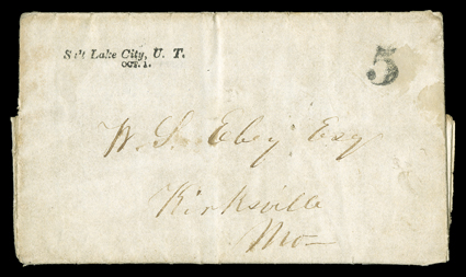 [First Trip Dalles to Salt Lake City Route] folded letter with integral address leaf datelined Fort Boise Sept. 13th, 1851 to Kirksville, Missouri, sent unpaid at the 3c rate
and carried on the first run to Salt Lake City, where it received a c