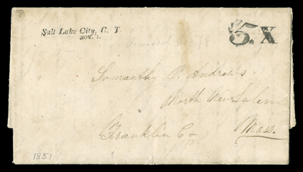 Salt Lake City, U.T., Nov 1, beautifully struck Utah territorial period postmark on folded letter with integral address leaf to North New Salem, Mass., rated unpaid double rate
with X handstamp and corrected to single rate with matching 5 han