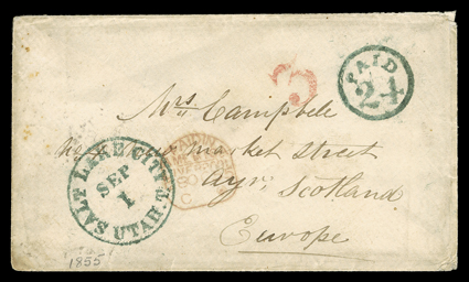Salt Lake City, Utah, Sep. 1 (1855), bold blue datestamp and matching Paid24 in circle handstamp on cover to Ayr, Scotland, 3 credit handstamp, arrived in England with red
tombstone Paid inAmericaLiverpool28 Oc 55 postmark, Ayr arrival