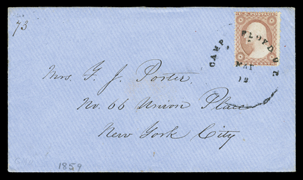 Camp Floyd, U. T., May 12, bold strike of rimless Utah Territory datestamp tying 3c Dull red (26) to fresh blue cover to New York, extremely fine and choice as this marking is
usually found poorly struck.