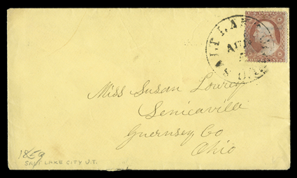 [Brigham Youngs Plural Wives] Great Salt Lake City July 21st, 1859 dateline on descriptive letter enclosed within a buff cover to Senecaville, Ohio with 3c Dull red (26, fault)
tied by Salt Lake City, U.T.Aug 5 datestamp, very fine.J.C. Lowe