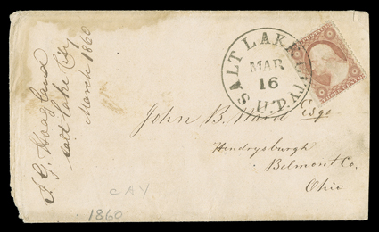 [Utah Mormon War] Salt Lake City, U.T., Mar 16 (1860) bold datestamp ties 3c Dull red (26) to cover to Hendrysburgh, Ohio with interesting letter telling about Camp Floyd, the
U.S. Army Expedition to Utah - a useless expenditure, and comments