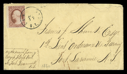 [Indian War in Utah Territory] On the March from Camp Floyd U.T. to Fort Leavenworth, K.T. soldiers endorsement on cover to Fort Laramie, N.T. (Nebraska Territory, present day
Wyoming) with 3c Dull red (26) tied by partial strike of Camp Floyd