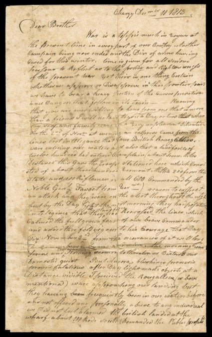 [Lake Champlain Campaigns] Exciting content letter by (C?) Hawkins in Chazy, NY (between Champlain and Plattsburgh), December 10, 1813, to his brother-in-law in Lansborough, MA.
With his colorful if idiosyncratic phrasing, he says (in part)...