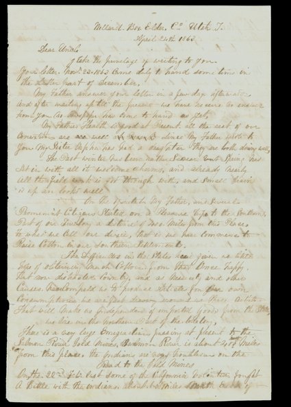 [Indians in Utah Territory], Excellent Civil War and emigration content letter by Harriet D. Henderson in Willard, Utah Territory, to her uncle, April 24, 1863. She reports
that they have begun raising their own cotton because the war has cut off