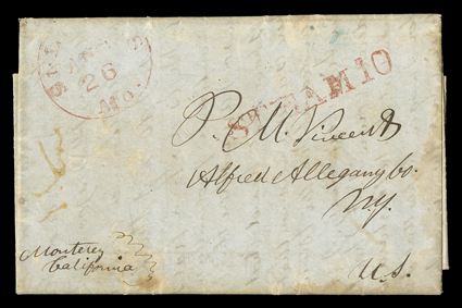 [Kearnys Overland Mail of 1847, from Monterey] folded letter with integral address leaf datelined Monterey Barracks Cal., May 27th, 1847 to Alfred, N.Y., entered the mails with
red St Louis, Mo.Aug 26 datestamp and matching STEAM 10 hands