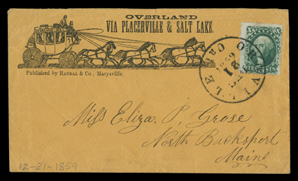 Overland Via Placerville & Salt Lake City, printed directive for Central Route on six-horse stage coach illustrated cover published by Randal & Co, Marysville to North
Bucksport, Maine with 10c Green, Ty. V (35) tied by Oroville, Cal.Dec 21, 1