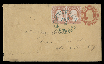 [Chorpenning Route from Utah, via California, to East] manuscript directive on 3c Red on buff entire (U2) uprated by a horizontal pair 3c Dull red (11, small faults) tied by
well struck blue Salt Lake City, Utah T.Jan 5 datestamp, carried on