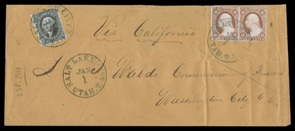 [Chorpenning Route, Utah, via California, to the East] Via California manuscript directive on legal sized cover to Washington, D.C. with horizontal pair 3c Dull red (11) and
12c Black (17, small nick at top right), both tied by blue Salt Lake