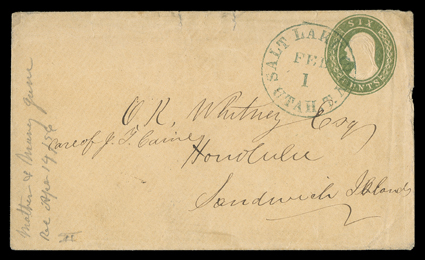 [Chorpenning Route, Utah via San Francisco to Hawaii] 6c Green on buff entire (U15) to Honolulu, Sandwich Islands cancelled by green Salt Lake City, Utah TFeb 1 datestamp,
carried on the Chorpenning route over the Old Spanish Trail to San Ped