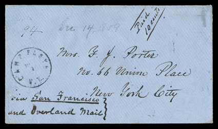 [Chorpenning Route, Utah via San Francisco to the East], Via San Francisco and Overland Mail, blue cover to New York City with Camp Floyd, U.T.Dec 14 datestamp and manuscript
Paid10 cents, carried by the Chorpenning route west and by Snows