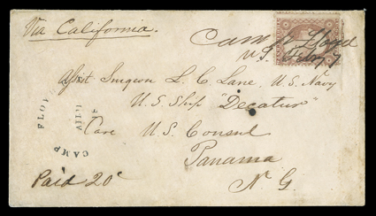 [Chorpenning Route via San Francisco to New Grenada] manuscript Via California endorsement on cover addressed to Navy surgeon L.C. Lane on board U.S. ship Decatur at Panama,
New Grenada, with 3c Dull red (26) tied by manuscript Camp Floyd