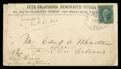 Via San Diego and San Antonio, manuscript directive on Alta California Newspaper Office imprint cover carried on the Jackass route to the editor of the Picayune newspaper at
New Orleans, with 10c Green, Ty. III (33, defective) tied b
